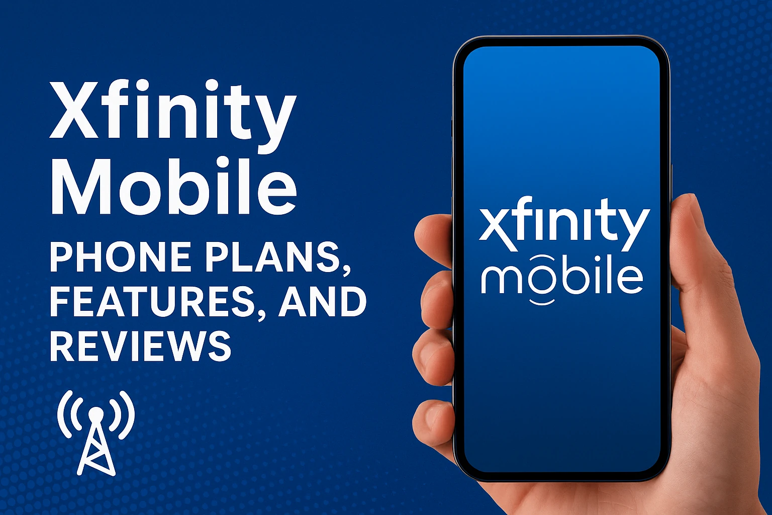 Xfinity Mobile promotional banner with a blue background, the Xfinity Mobile logo, a hand holding a smartphone, and text highlighting phone plans, features, and reviews