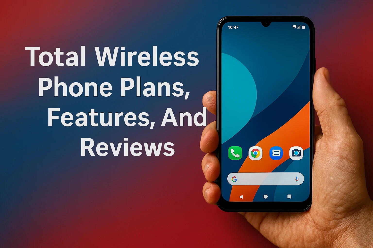 Hand holding a modern smartphone displaying a colorful home screen, with bold white text reading "Total Wireless Phone Plans, Features, And Reviews" on a red and blue gradient background
