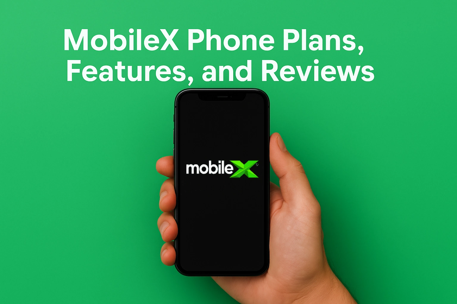 A realistic hand holds a smartphone displaying the MobileX logo on its screen, with a vibrant green background and the headline "MobileX Phone Plans, Features, and Reviews" written above the phone